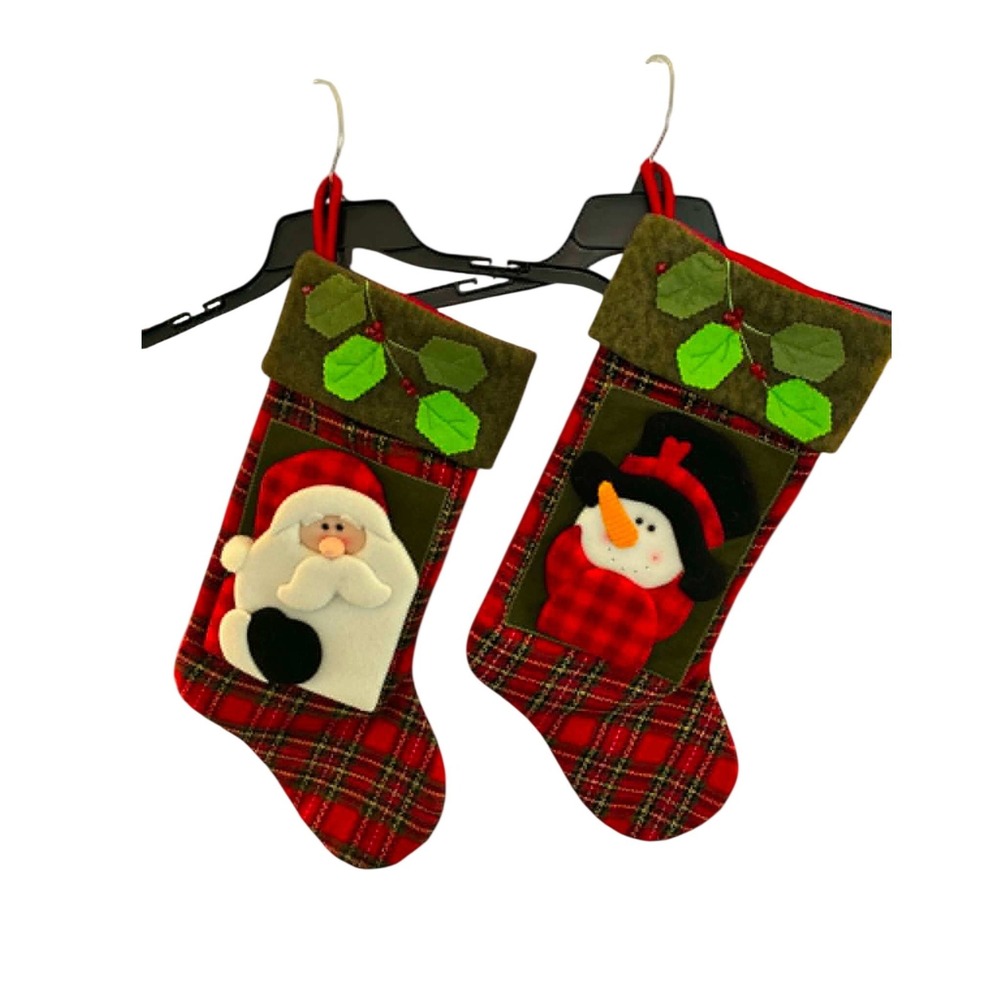 Christmas Stockings Set 2 Red Plaid Santa Snowman Felt Holiday Mantel Decor